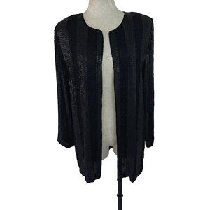 Jewel Queen Vintage Womens Jacket Size Large Black Sequin Beaded Silk